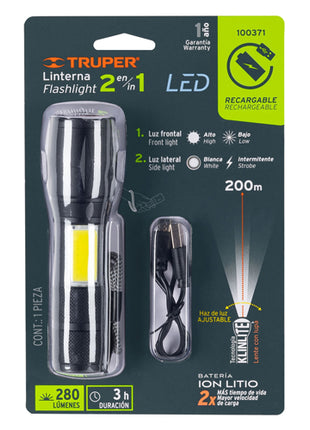 Linterna recargable LED de aluminio con luz lateral Truper