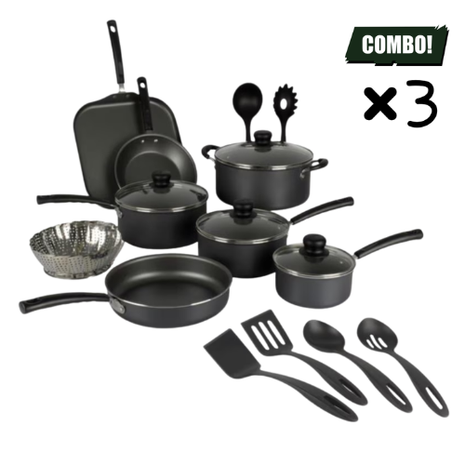 Combo Tramontina 3 Baterías Primaware 18 Pzas c/u Mod. 80119545 Negro