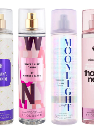 Ariana Grande Set 4 piezas Mist Fragances Ari + Moonlight + Sweet Like Candy + Thank U Next de 236 ml c/u. Dama