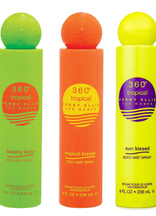 Perry Ellis Set 3 piezas Mist Fragances 360 Tropical Beachy Boho + 360 Tropical Brezze + 360 Tropical Sun Kissed de 236 ml c/u. Dama