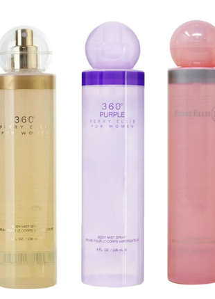 Perry Ellis Set 3 piezas Mist Fragances 360 tradicional + 360 purple +Perry 18 de 236 ml c/u. Dama