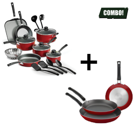Combo Tramontina Batería Primaware 18 Pzas Mod. 80119567 + 3 Sartenes Mod. 20199707 Rojo
