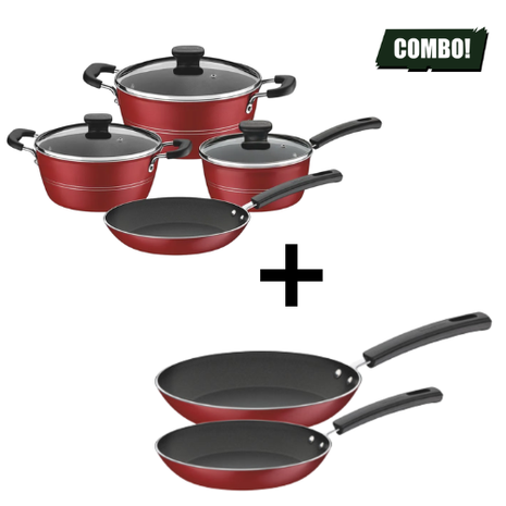 Combo Tramontina Batería Sicilia 7 Pzas + Juego de 2 Sartenes Sicilia Rojo