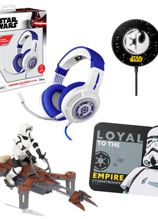 Combo Star Wars Dron SW-1983-CX, Audífonos AUD-559/SW, Mouse Pad COM-042/SW1-ST, Cargadores ELI-950/SW