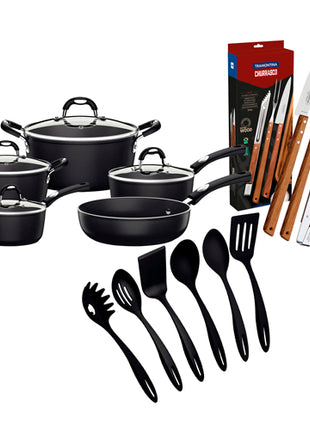 Combo Tramontina Batería Monaco 28799002 + Juego Para Asado 26499036 Madera + Utensilios Ability 25199009 Negro