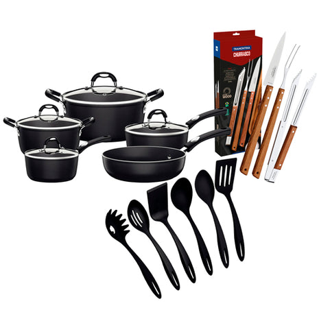 Combo Tramontina Batería Monaco 28799002 + Juego Para Asado 26499036 Madera + Utensilios Ability 25199009 Negro