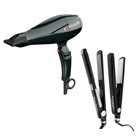 Combo BabylissPRO Secadora Profesional Italiana Negro - BABFV1ES + Kit 2 Alaciadoras Negro - BABNTBKPP2TES