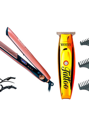 Combo Timco Plancha de Cabello Keratin Rosa - PYB1442 + Recortadora de Cabello Amarillo - HC188D