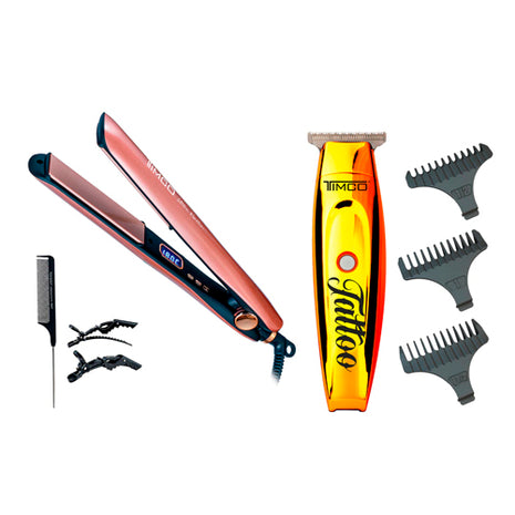 Combo Timco Plancha de Cabello Keratin Rosa - PYB1442 + Recortadora de Cabello Amarillo - HC188D