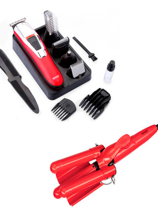 Combo Timco Rasuradora 7 en 1 Multicolor Resistente al Agua - PG-600 + Tenaza Waflera de Cabello Rojo - TB337