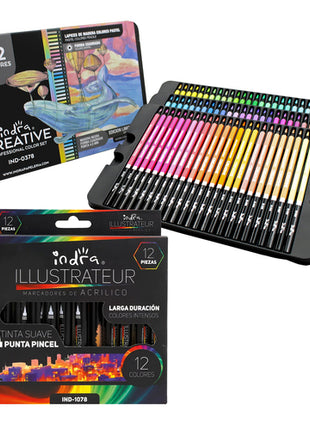 Combo Indra Set 72 Colores Profesional | IND-0378 + Set 12 Marcadores de Acrílico | IND-1078