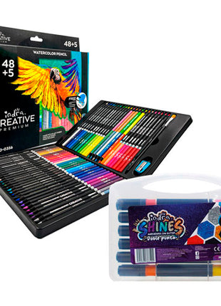 Combo Indra Set 48+5 Colores Profesionales Creative Acuarelables | IND-0356 Indra + Set 12 Marcadores Glitter Doble Punta | IND-1080