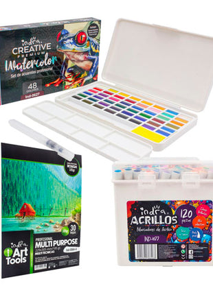 Combo Indra Kit Block Rough con Estuche de Acuarelas Profesionales | IND-0627+IND-0564A + Set 120 marcador Acrílico punta pincel | IND-1077