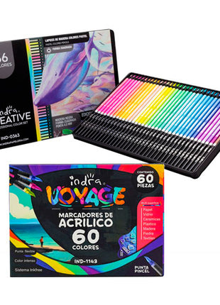Combo Indra Set 36 Colores Profesionales Creative Pastel | IND-0363 + Set 60 Marcadores de Acrílico Punta Pincel | IND-1143