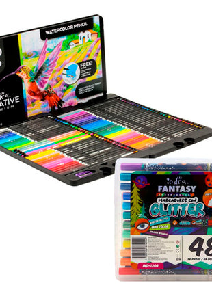 Combo Indra Set 60+6 Colores Profesionales Creative Acuarelables|IND-0359M + Set 24 Marcadores Duo | IND-1204