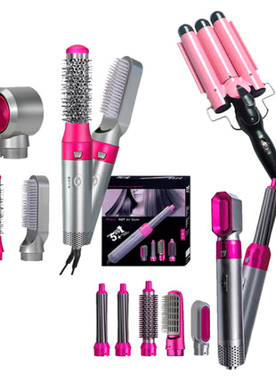 Combo Hot Airstyler Cepillo para Cabello Plata 3 en 1 - CSC3 + Hot Airstyler Cepillo Plata 5 en 1 - CSC5 + Pro Rizador Rosa Profesional de 3 Varillas - CRC3