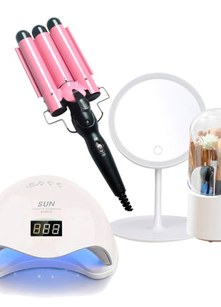 Combo Pro Rizador Rosa Profesional de 3 Varillas - CRC3 + Set de Organizador de Maquillaje con Espejo Led Recargable - SMM-0226 + Gift Box Lámpara para Uñas Acrílicas y Gel Blanco - LLS-04