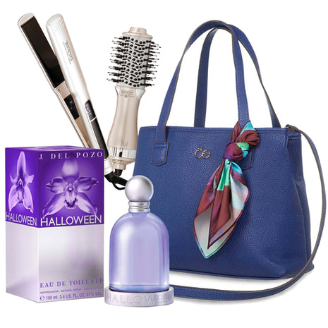 Combo Jesus Del Pozo Perfume Halloween 100ml Woman - HALLOWEEN100 + Cloe Bolsa Tote con Mascada - RBLCR23306MAR + Timco Plancha para Cabello y Secadora Cepillo 2 en 1 - COM416