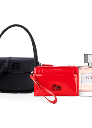 Combo Cloe Bolsa Lady Bag Chica Color Negro con Mascada - 2BLCI25878NEG + Cloe Cartera Chica Hibrida con Maneral Color Rojo Dama - 2BICI25336ROJ + Guess Perfume Dama EDT 100 ml - GS1981FEM