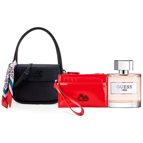 Combo Cloe Bolsa Lady Bag Chica Color Negro con Mascada - 2BLCI25878NEG + Cloe Cartera Chica Hibrida con Maneral Color Rojo Dama - 2BICI25336ROJ + Guess Perfume Dama EDT 100 ml - GS1981FEM
