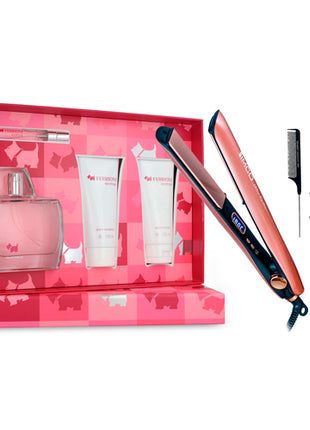 Combo Timco Plancha para Cabello Keratin Rosa - PYB1442 + Set Ferrioni 4 piezas Crema Woman edp 100 ml + body lotion 100 ml + body shampoo + mini edp 10 ml. Dama - FSW4P