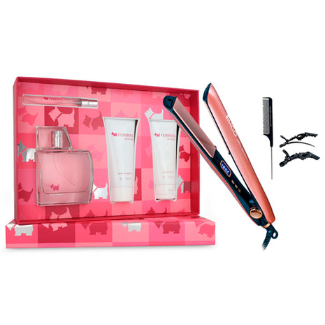 Combo Timco Plancha para Cabello Keratin Rosa - PYB1442 + Set Ferrioni 4 piezas Crema Woman edp 100 ml + body lotion 100 ml + body shampoo + mini edp 10 ml. Dama - FSW4P