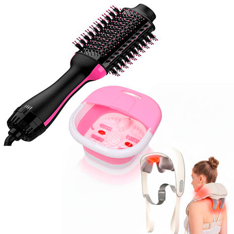 Combo Gift Box Set Relajación SM-NP02 Masajeador Cuello y Espalda + Hot Air Brush Cepillo Secador CEIC01 Negro
