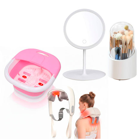 Combo Gift Box Set Relajación SM-NP02 Masajeador Cuello y Espalda + Gift Box Set Organizador y Espejo SMM-0226 Blanco