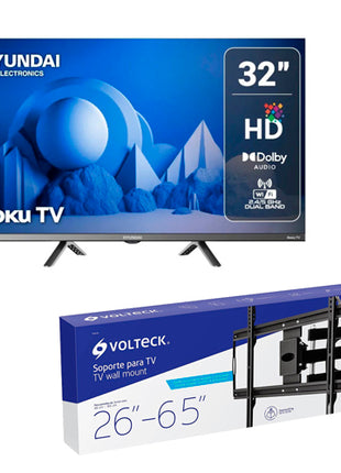 Combo Hyundai Televisor 32” HYLED3257RIM + Volteck Soporte para Pantalla TVSM-65 Negro