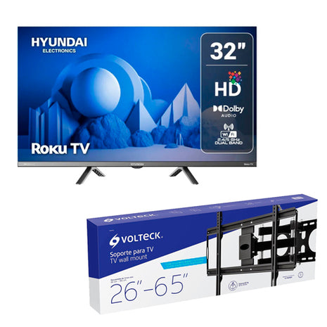 Combo Hyundai Televisor 32” HYLED3257RIM + Volteck Soporte para Pantalla TVSM-65 Negro