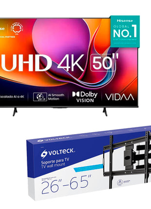 Combo Hisense Televisor 50” 50A65NV + Volteck Soporte para Pantalla TVSM-65 Negro