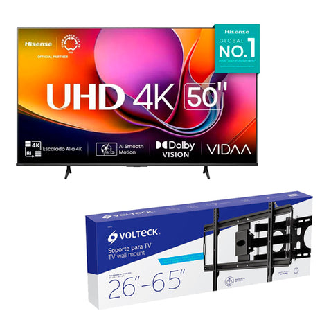 Combo Hisense Televisor 50” 50A65NV + Volteck Soporte para Pantalla TVSM-65 Negro
