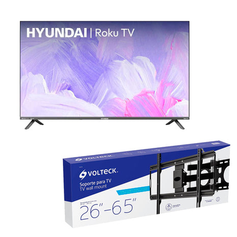 Combo Hyundai 40” HYLED4028QR RokuTV + Volteck Soporte para Pantalla TVSM-65 Negro