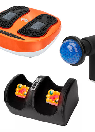 Combo Power Legs Masajeador Eléctrico E0013-00 Vibración Graduable, Naranja + Quick Life Masajeador Eléctrico para Pies MF-T24, Negro + Gift Box Pistola Masajeadora con Cabezales MG-HC26, Negro