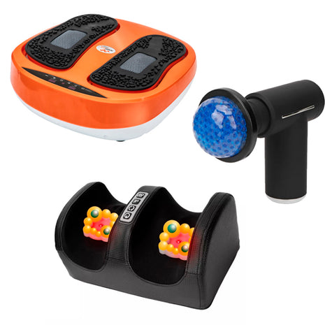 Combo Power Legs Masajeador Eléctrico E0013-00 Vibración Graduable, Naranja + Quick Life Masajeador Eléctrico para Pies MF-T24, Negro + Gift Box Pistola Masajeadora con Cabezales MG-HC26, Negro