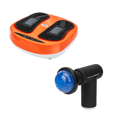 Combo Power Legs Masajeador Eléctrico E0013-00 Vibración Graduable, Naranja + Gift Box Pistola Masajeadora con Cabezales MG-HC26, Negro