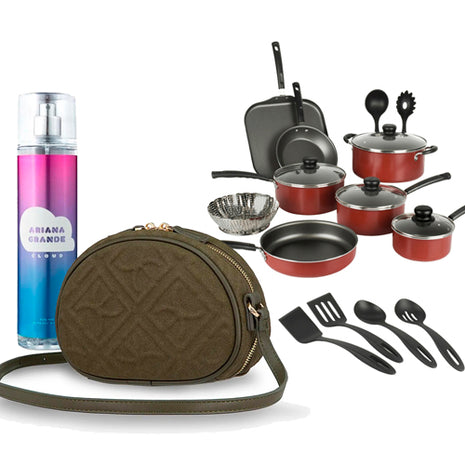 Combo Tramontina Batería Primaware Mod. 80119567 Rojo 18PZS + Cloe Bolso 2BLCI24724VER Verde Cross Body + Ariana Grande Perfume ARGBM2 Cloud Mist