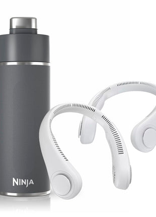 Combo Jisulife Ventilador de Cuello Portátil 2 piezas, Blanco - FA14-S + Ninja Botella de Viaje 709ml Gris - DW2401GY
