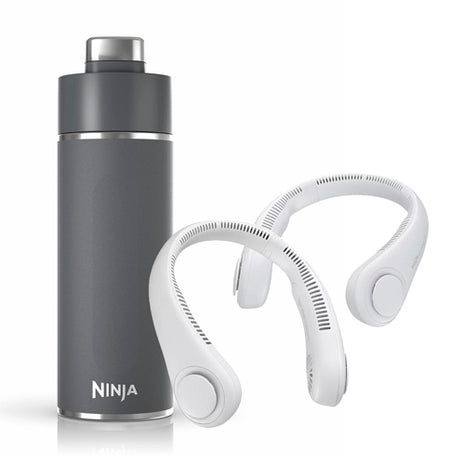 Combo Jisulife Ventilador de Cuello Portátil 2 piezas, Blanco - FA14-S + Ninja Botella de Viaje 709ml Gris - DW2401GY