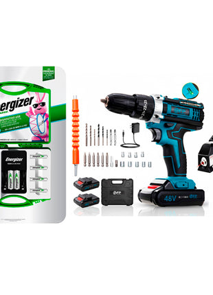 Combo Energizer Baterías Recargables ENERGIZER10 Estuche Verde + Pointek Set de Taladro STR-NL02 Azul Rotomartillo