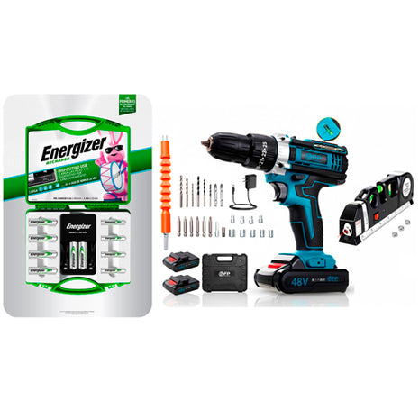 Combo Energizer Baterías Recargables ENERGIZER10 Estuche Verde + Pointek Set de Taladro STR-NL02 Azul Rotomartillo