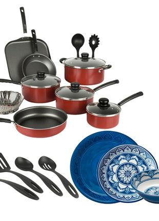 Combo Tramontina Batería de Cocina 80119567 18 Pzs Rojo + Costco Vajilla 12 Piezas MELI12AZUL Azul