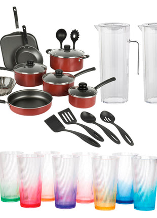 Combo Tramontina Batería Primaware Mod. 80119567 Rojo 18 Pzs + Costco Vasos COSTVAS Acrílico 8 Pzs + Costco Set Jarras JARDUPLA Acrílico 2 Pzs