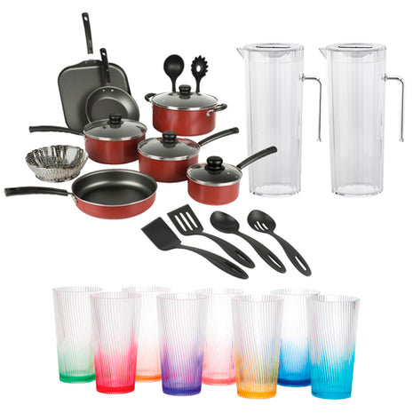 Combo Tramontina Batería Primaware Mod. 80119567 Rojo 18 Pzs + Costco Vasos COSTVAS Acrílico 8 Pzs + Costco Set Jarras JARDUPLA Acrílico 2 Pzs