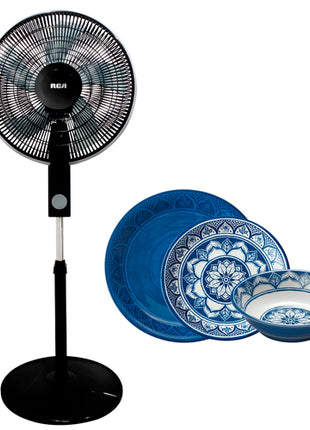 Combo RCA Ventilador De Pedestal 16" Negro - RC-16B2 + Vajilla 12 Piezas MELI12AZUL Melamina Azul - MELI12AZUL