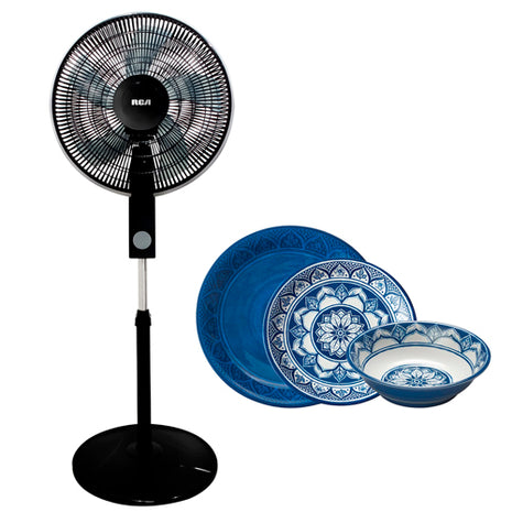 Combo RCA Ventilador De Pedestal 16" Negro - RC-16B2 + Vajilla 12 Piezas MELI12AZUL Melamina Azul - MELI12AZUL