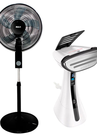Combo RCA Ventilador De Pedestal 16" Negro - RC-16B2 + Conair ExtremeSteam Vaporizador de Telas Blanco - GS58GDES