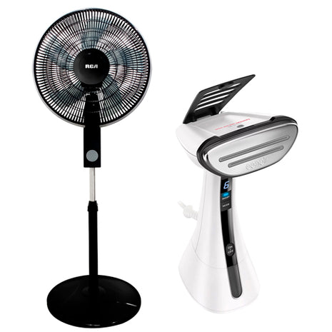Combo RCA Ventilador De Pedestal 16" Negro - RC-16B2 + Conair ExtremeSteam Vaporizador de Telas Blanco - GS58GDES
