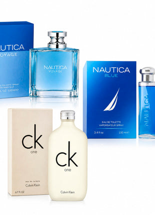 Combo Calvin Klein One 100ml. EDT Unisex - CKONE100ML + Loción Voyage Caballero 100ml. Nautica - VNM100 + Nautica Blue 100ml pour homme Nautica - NAUTBLUE100