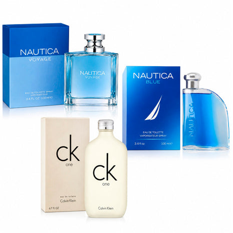 Combo Calvin Klein One 100ml. EDT Unisex - CKONE100ML + Loción Voyage Caballero 100ml. Nautica - VNM100 + Nautica Blue 100ml pour homme Nautica - NAUTBLUE100